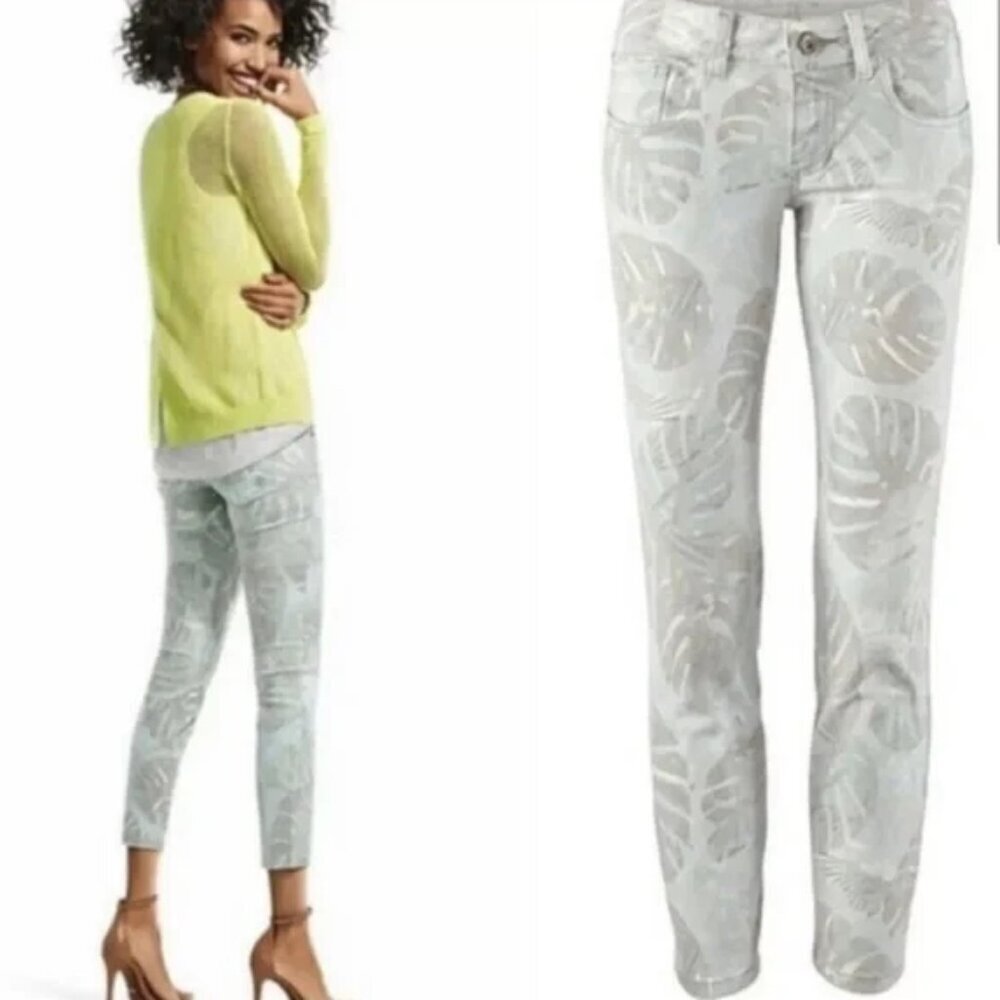 CAbi #227 Paradise Palm Leaf Cropped Skinny Low Rise Denim Jeans, Size 8